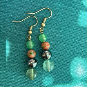 💚🩶🧡 Handmade fluorite + hematite + green aventurine + unakite drop earrings